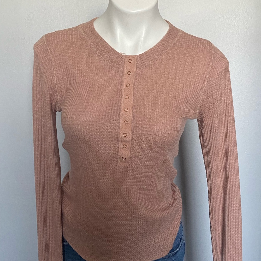 Anthropologie Dusty Rose Waffle Henley Long-Sleeve Top